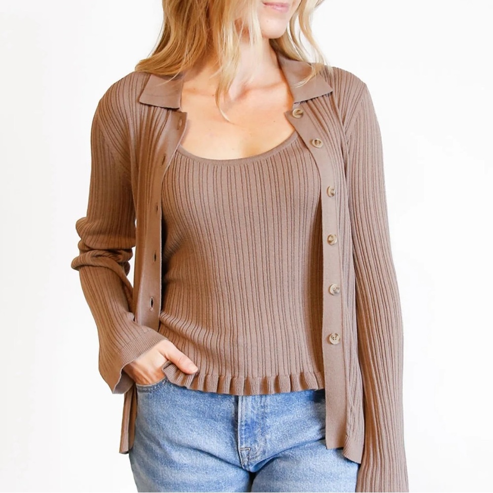 ABLE Serena Rib-Knit Cardigan & Tank - Driftwood